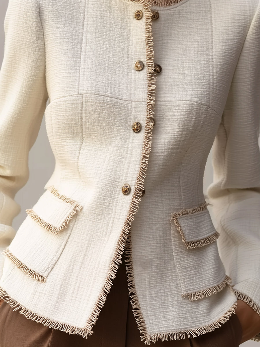 Elegant Cream Textured Tailored Blazer with Decorative Trim - Women's Blazer