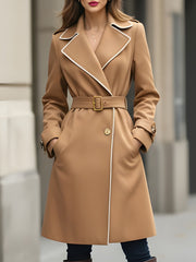 Classic Camel Belted Trench With White Piping - Trench Coat