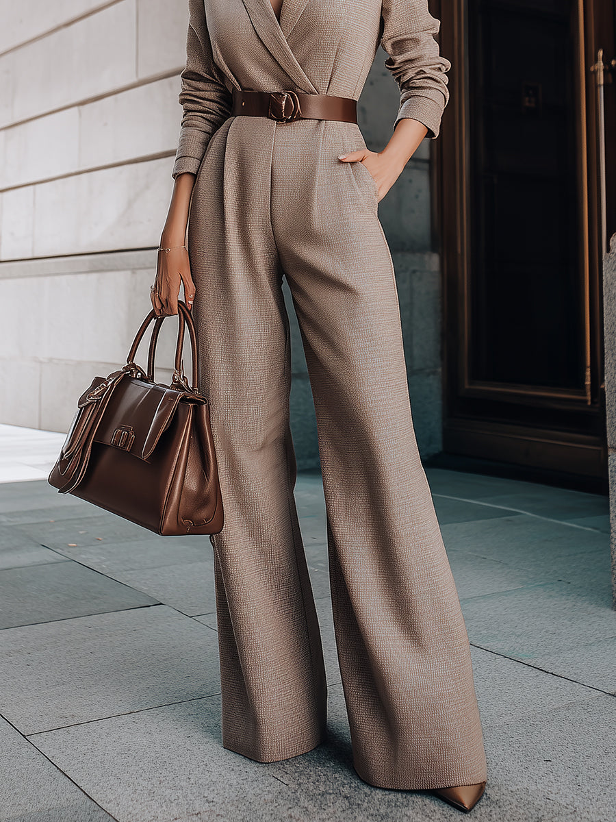 Taupe Tailored Blazer-Style Belted Wide-Leg - Jumpsuit