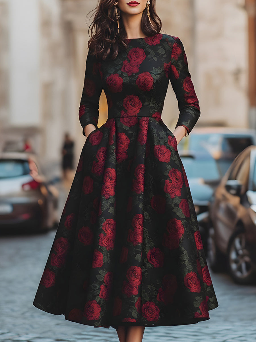 Elegant Jacquard Rose Print A-Line Silhouette - Midi Dress