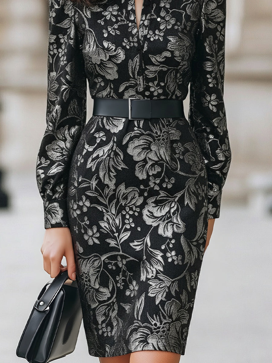 Velvet Floral Jacquard with Belted Waist - Midi Dress