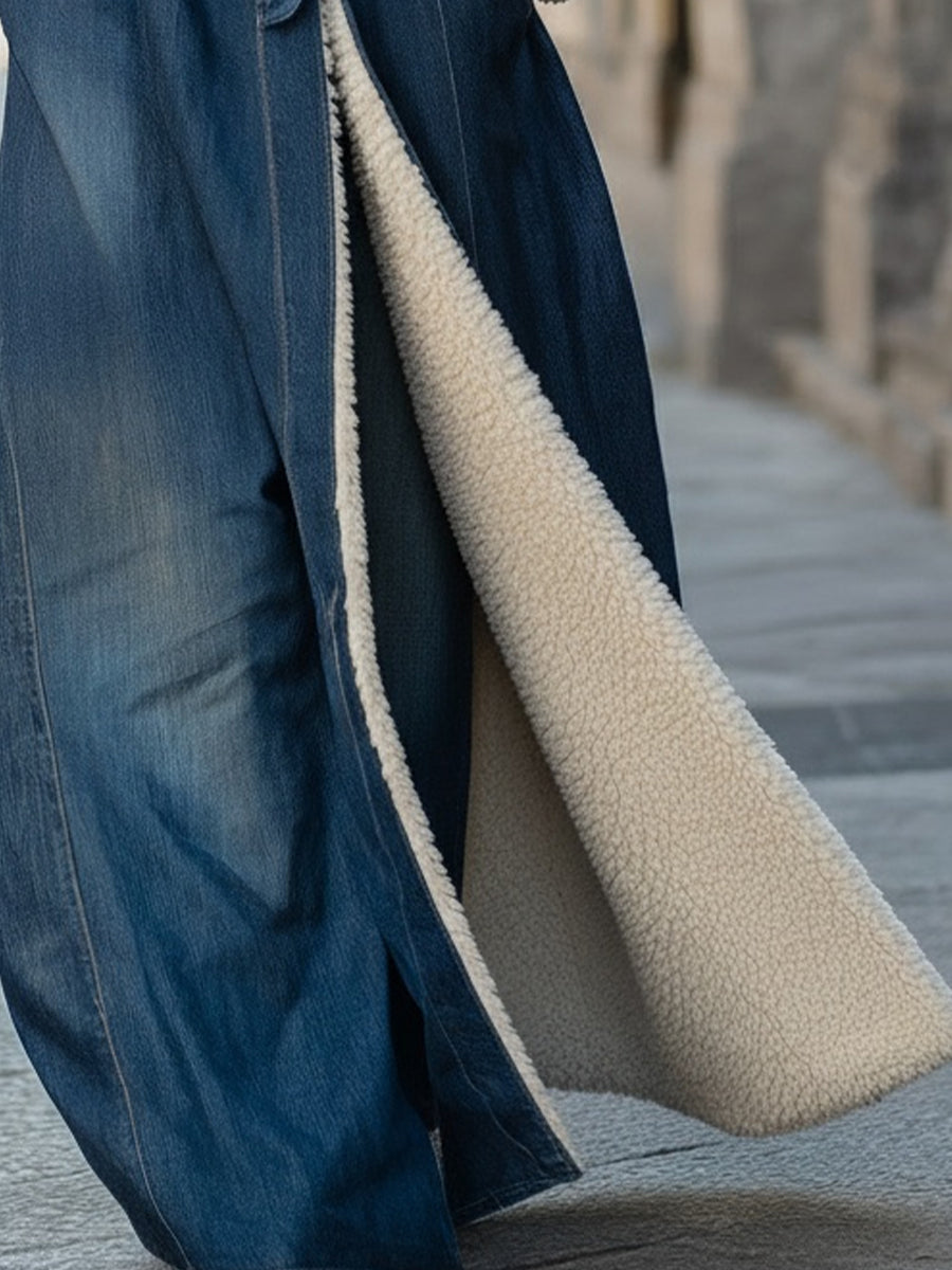 Women's Faux Fur Collar Longline Denim Coat - Denim Coat