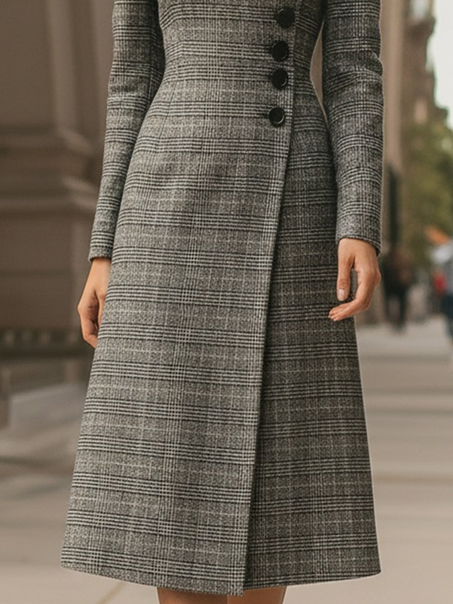 Elegant Plaid Asymmetric Button-Front - Midi Dress
