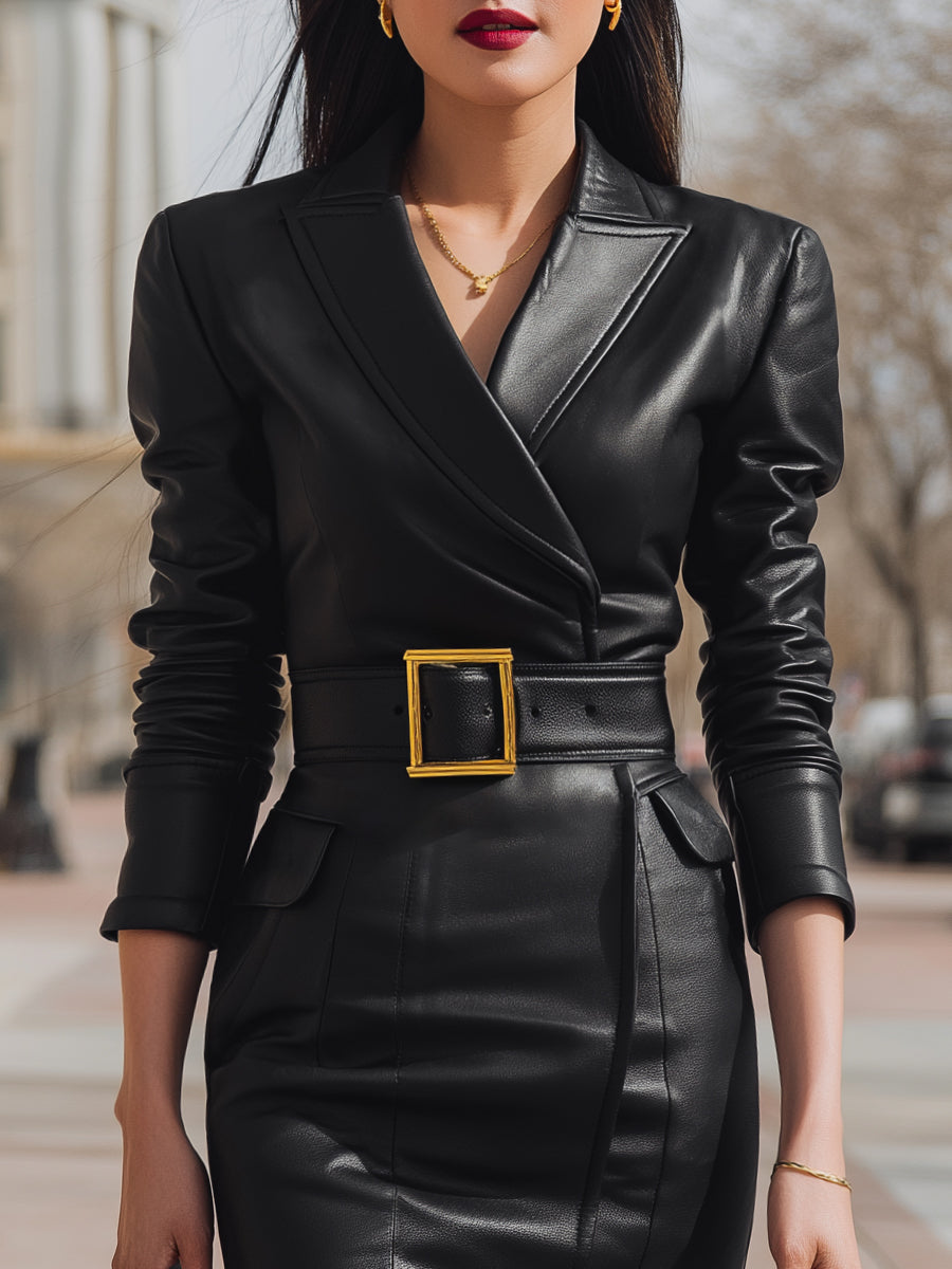 Tailored Faux Leather Belted Blazer - Mini Dress