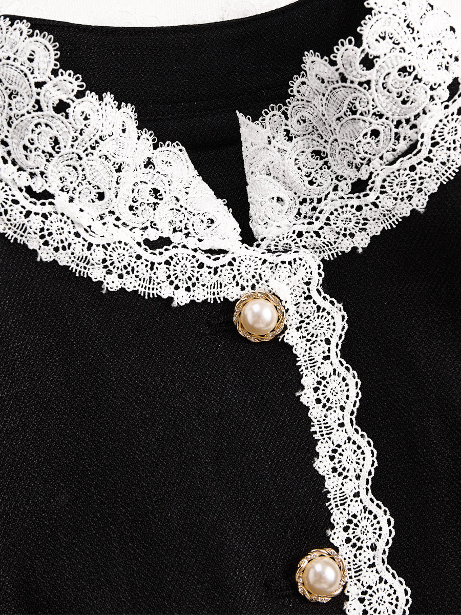 Elegant Pearl-Button Lace-Trim Tailored Blazer - Blazer