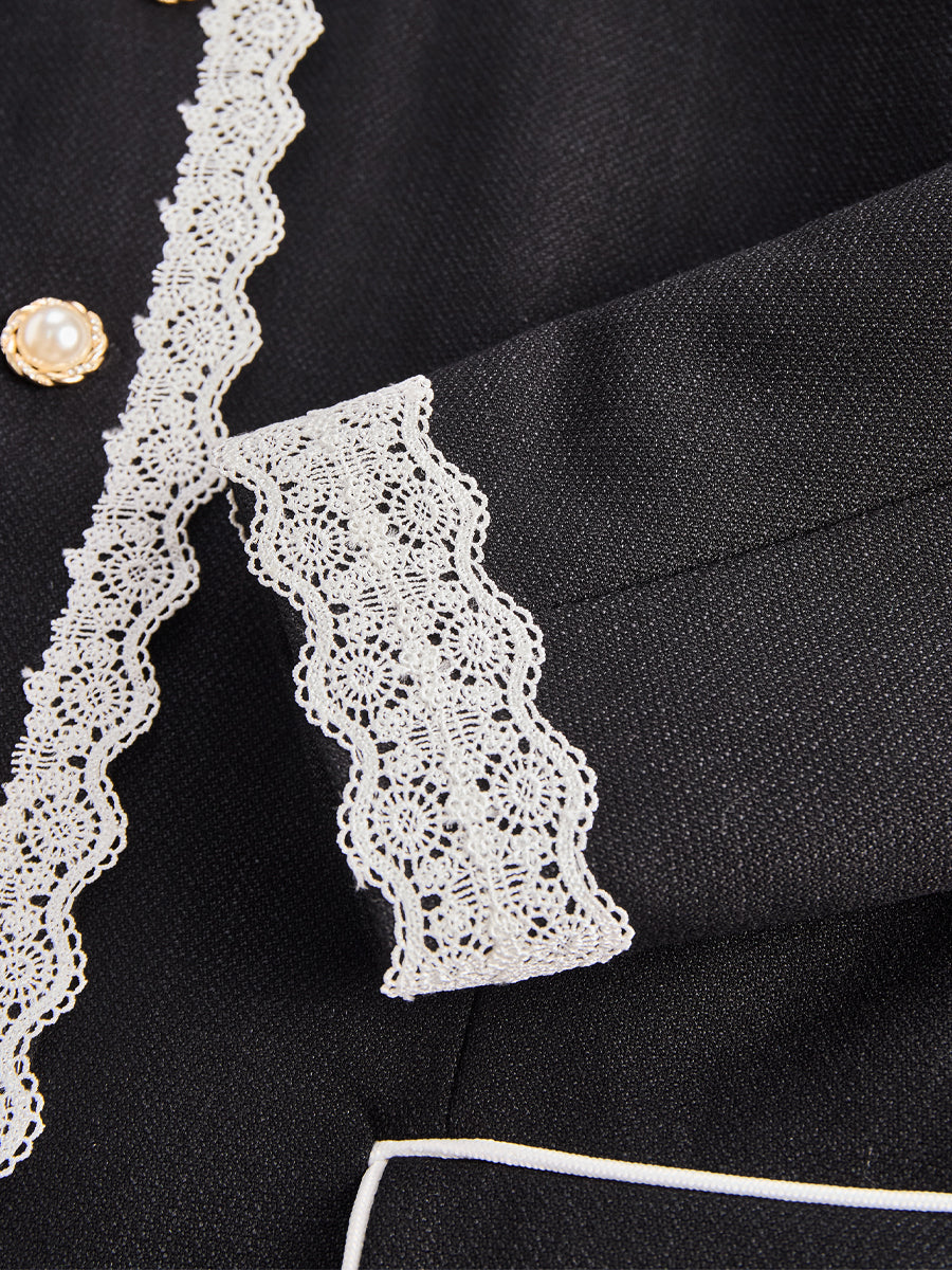 Elegant Pearl-Button Lace-Trim Tailored Blazer - Blazer