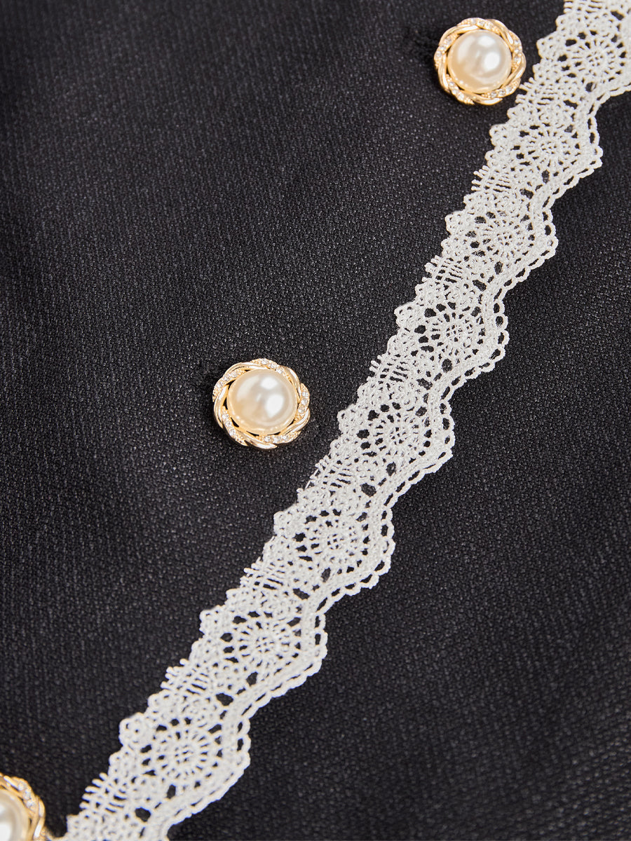 Elegant Pearl-Button Lace-Trim Tailored Blazer - Blazer