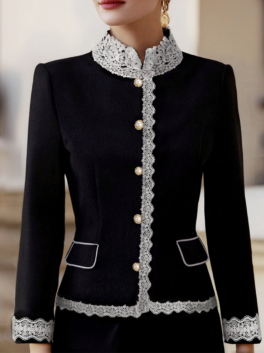 Elegant Pearl Button Blazer With Contrast Lace Trim MLZ