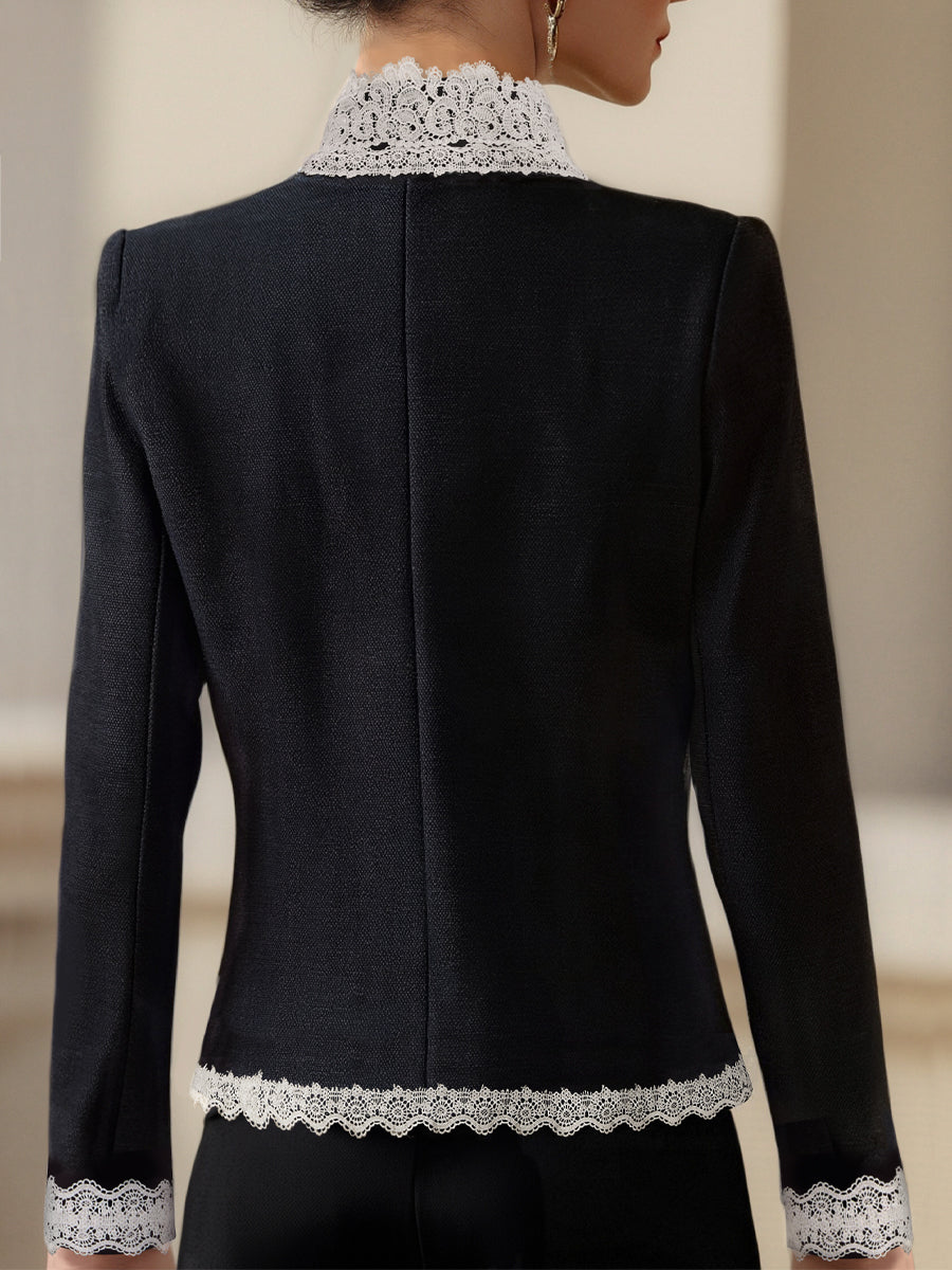 Elegant Pearl Button Blazer With Contrast Lace Trim MLZ