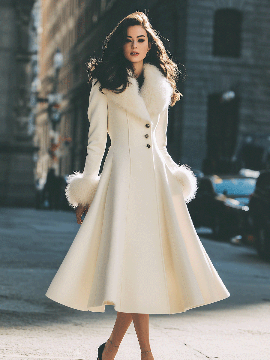 Ivory Flared Coat with Faux Fur Collar & Cuffs - Coat
