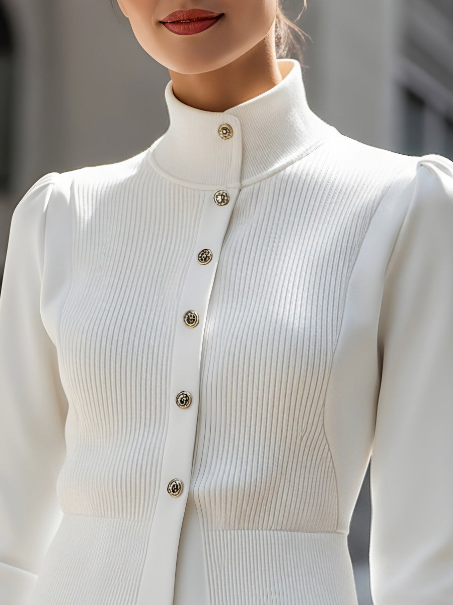 Ribbed Knit Panel With Gold Buttons - Jacket