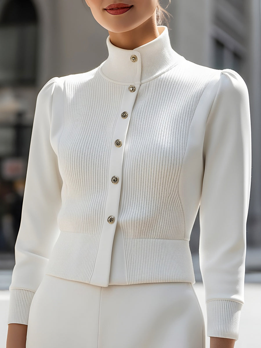 Ribbed Knit Panel With Gold Buttons - Jacket