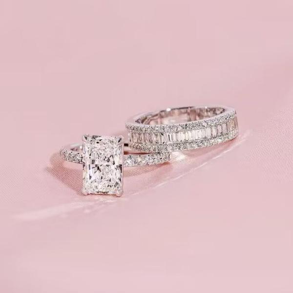 4PCS Radiant Cut Ring With Baguette & Pear Band Bridal Set in Sterling Silver Shineofdiamond