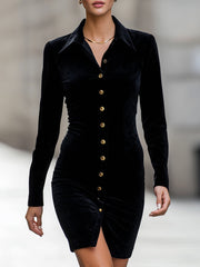 Velvet Gold-Button Detail - Shirt Dress
