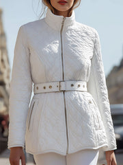 Women's White Quilted Belted High-Collar - Jacket
