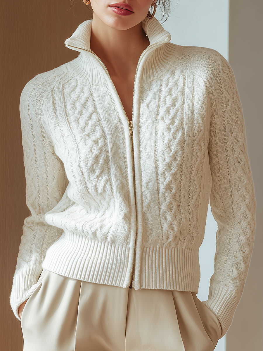 White Cable-Knit Zip Cardigan ZJ