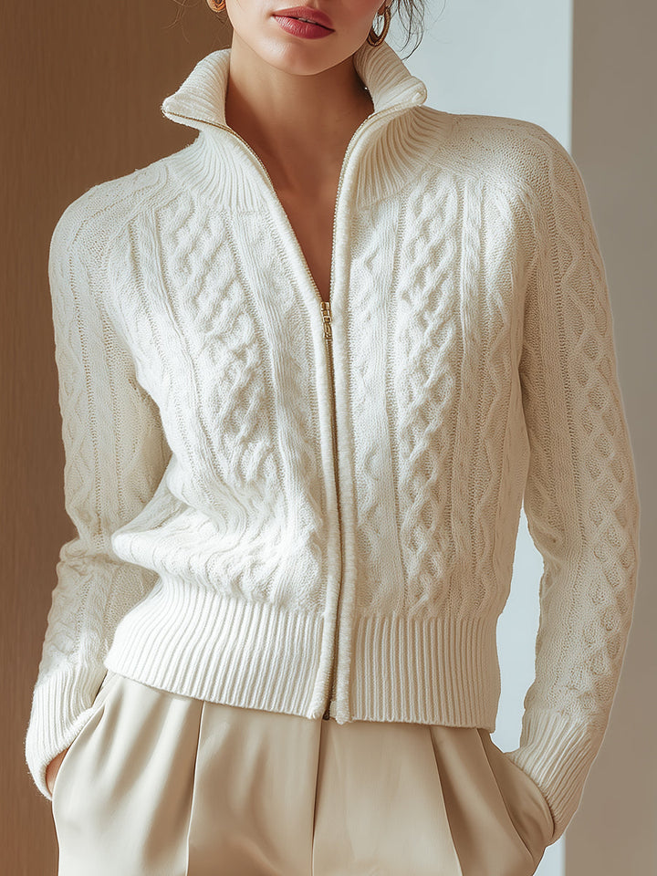 White Cable-Knit Zip Cardigan ZJ