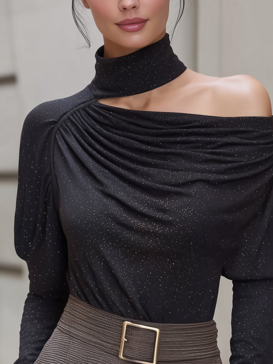Asymmetric High-Neck One-Shoulder Sparkle Knit Top MLZ