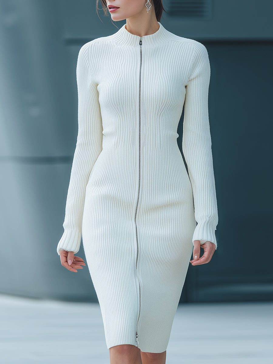 White Ribbed Zip-Front Knit Bodycon - Midi Dress