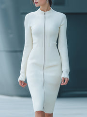 White Ribbed Zip-Front Knit Bodycon - Midi Dress