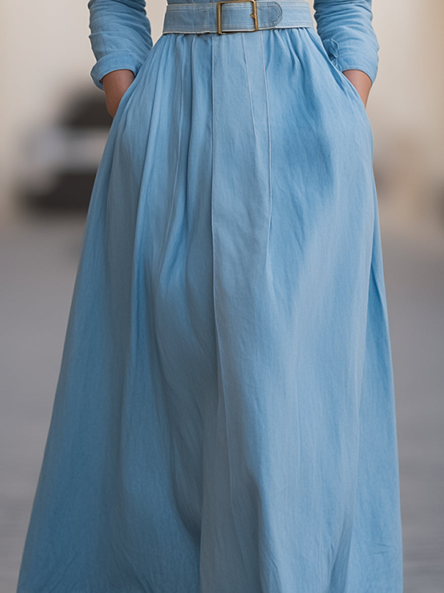 Classic Belted Denim Shirt Dress With Full Skirt - Midi Dress