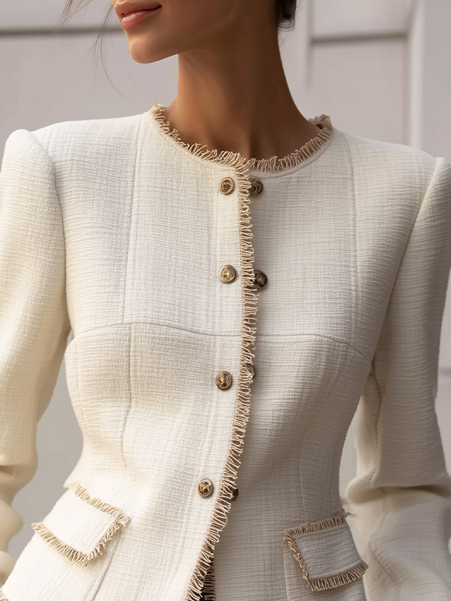 Elegant Cream Textured Tailored Blazer with Decorative Trim - Women's Blazer