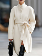 Elegant Cream Belted Wool - Wool Coat