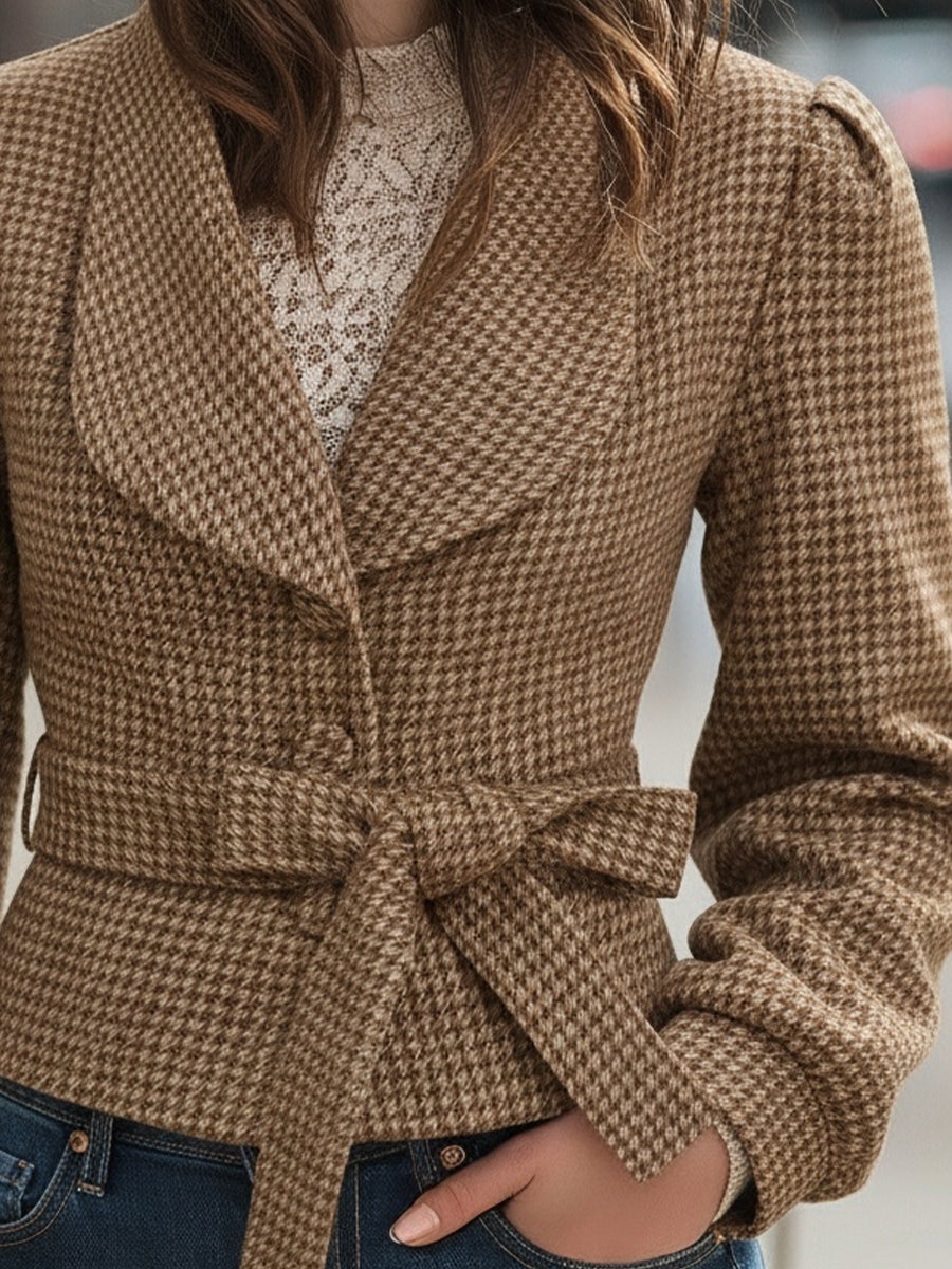 Chic Houndstooth Belted Wool-Blend Cropped - Cropped Coat