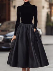 Elegant Black Velvet With Satin Trim - Midi Dress