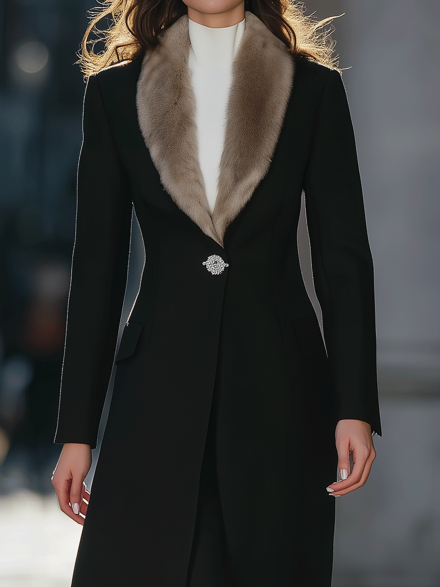 Black Longline Coat With Faux Fur Shawl Collar & Crystal Brooch Closure - Longline Coat