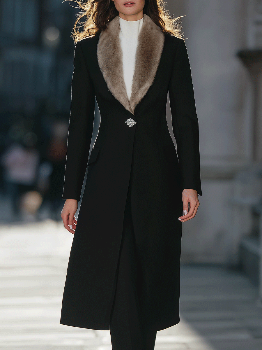 Black Longline Coat With Faux Fur Shawl Collar & Crystal Brooch Closure - Longline Coat
