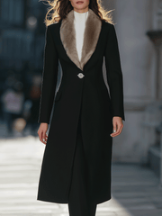 Black Longline Coat With Faux Fur Shawl Collar & Crystal Brooch Closure - Longline Coat