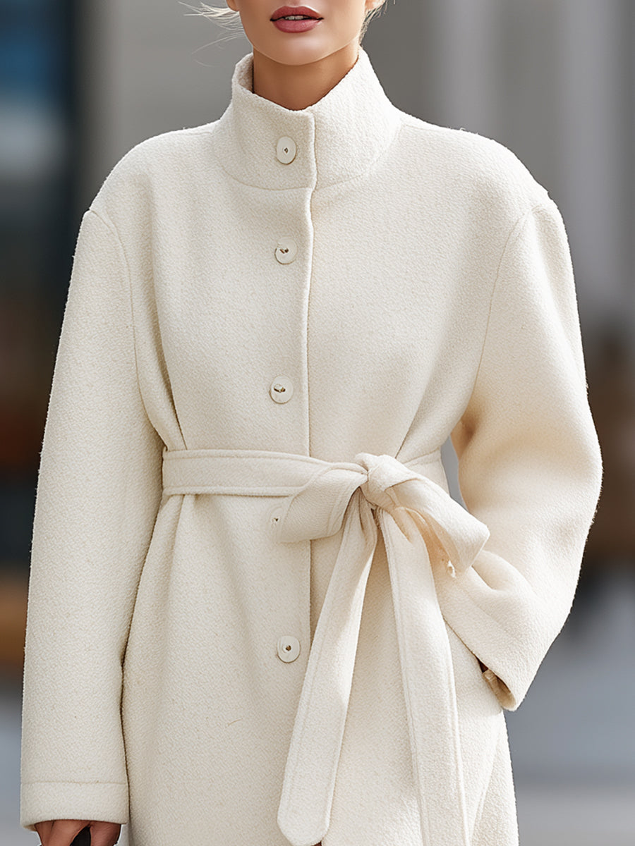 Elegant Cream Belted Wool - Wool Coat