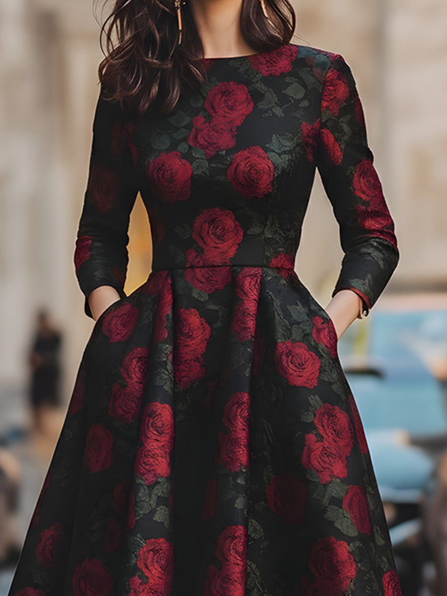 Elegant Jacquard Rose Print A-Line Silhouette - Midi Dress