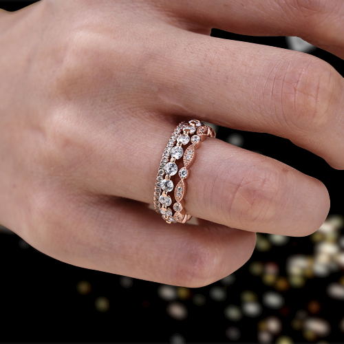 Art Deco Rose Golden Tone 3-Pieces Stackable Wedding Band Set Shineofdiamond
