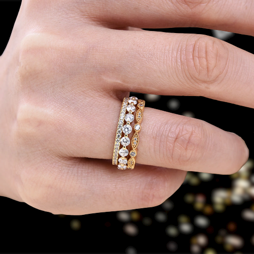 3Pcs Art Deco Golden Tone 3-Pieces Stackable Wedding Band Set Shineofdiamond