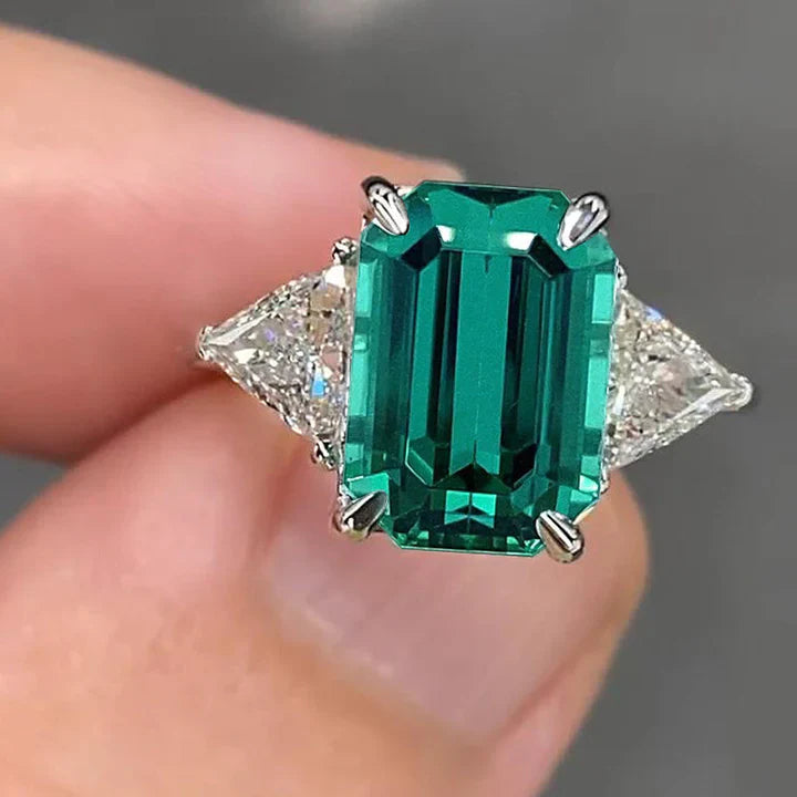 Paraiba Tourmaline Emerald Cut Three Stone Sterling Silver Engagement Ring shine