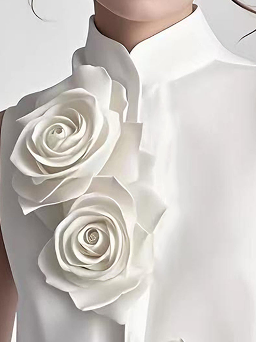 3D Rose Accent White Sleeveless Top - Blouse