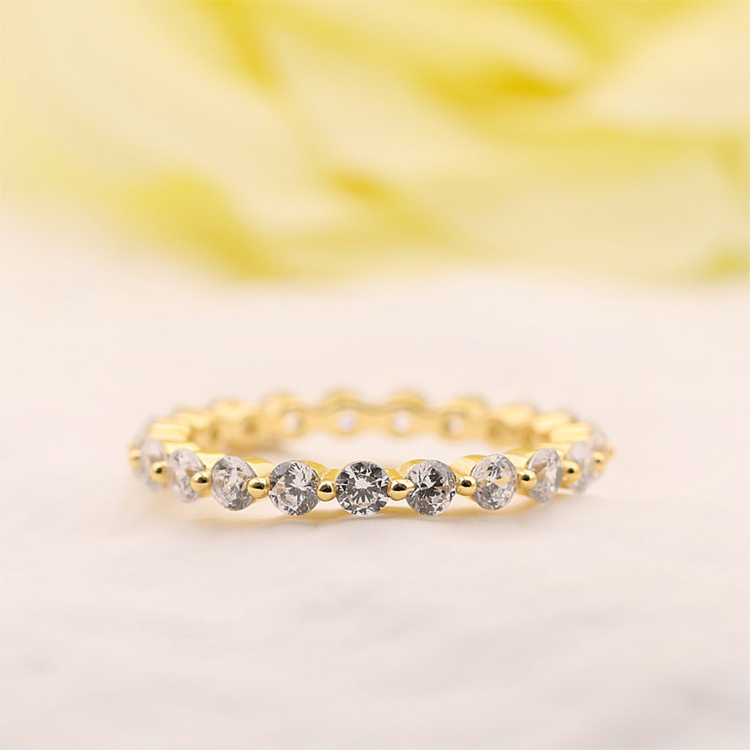 Classic Eternity Sterling Silver Wedding Band In Golden Tone Shineofidamond