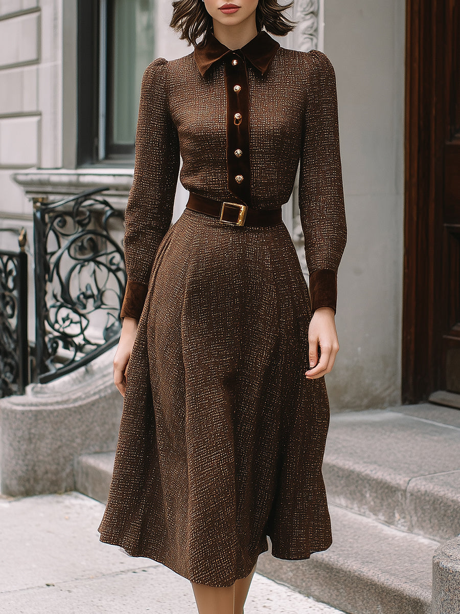 Chocolate Brown Velvet-Trim Belted Silhouette - Midi Dress