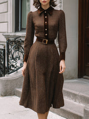 Chocolate Brown Velvet-Trim Belted Silhouette - Midi Dress