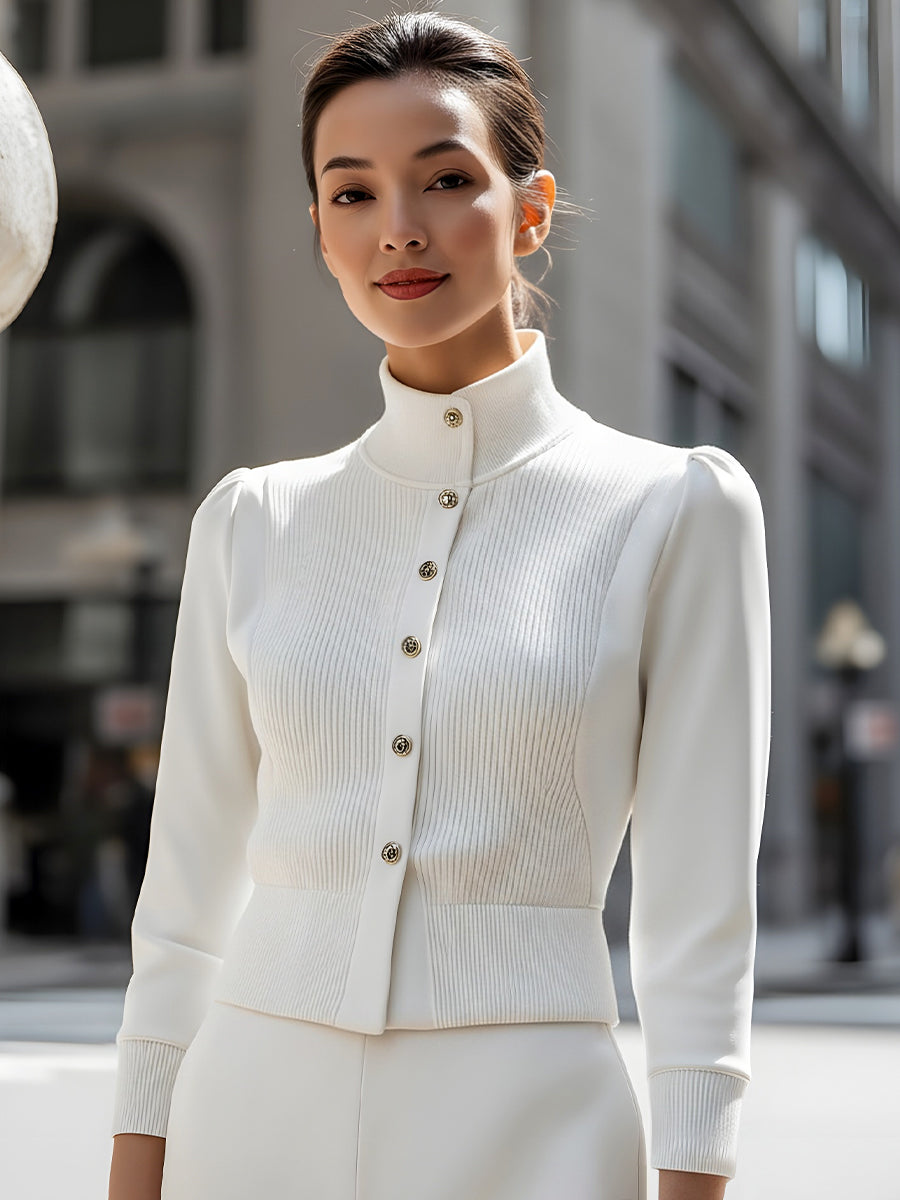 Ribbed Knit Panel With Gold Buttons - Jacket