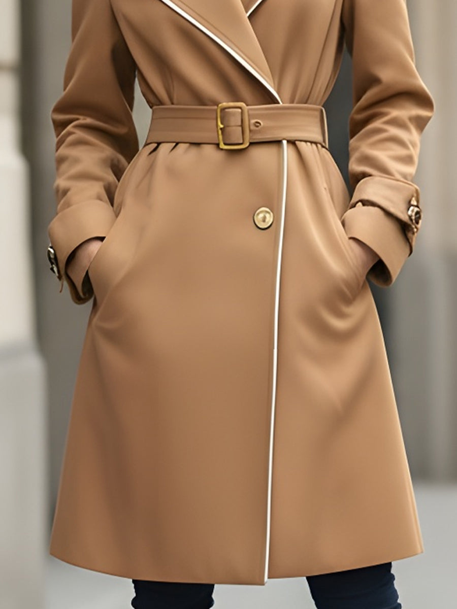 Classic Camel Belted Trench With White Piping - Trench Coat