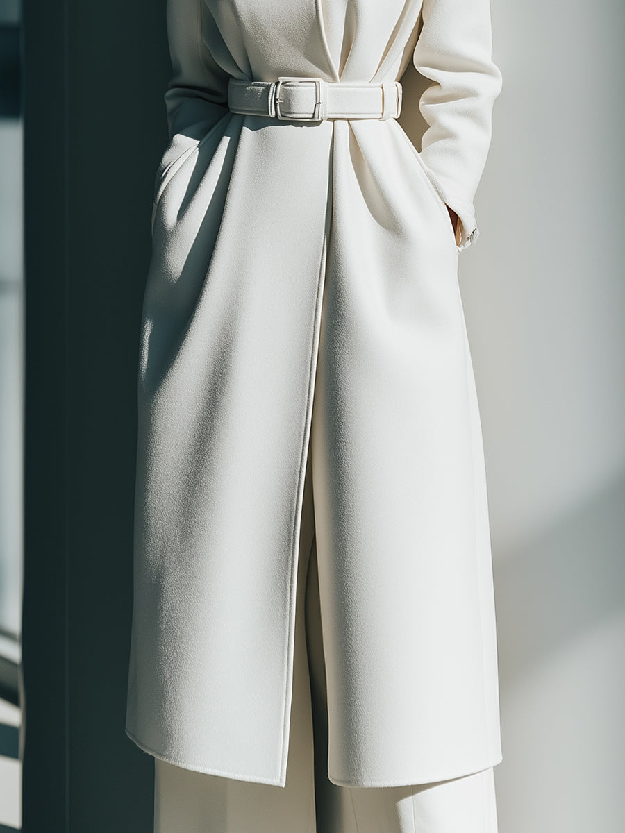 White Minimalist Belted Wool Overcoat - Coat