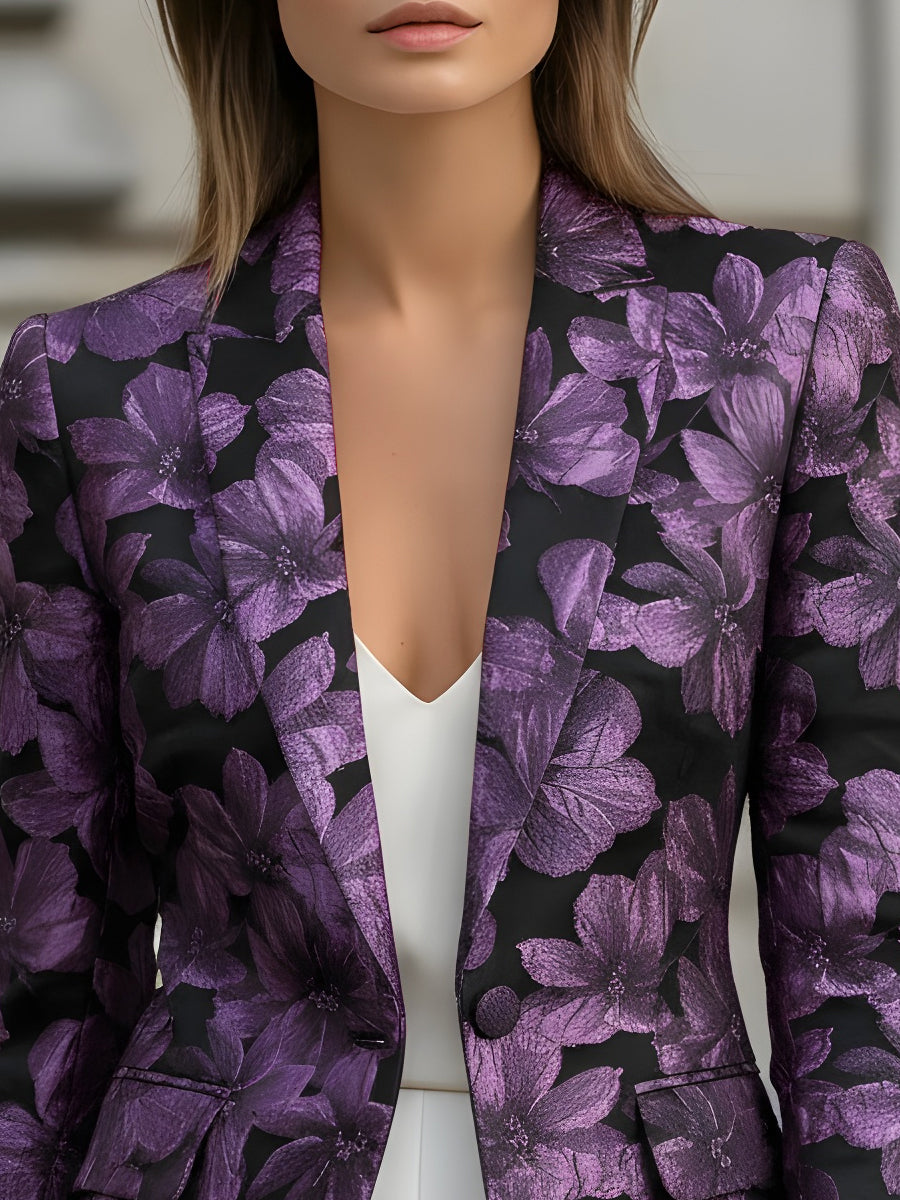 Tailored Purple Floral Jacquard Blazer - Blazer
