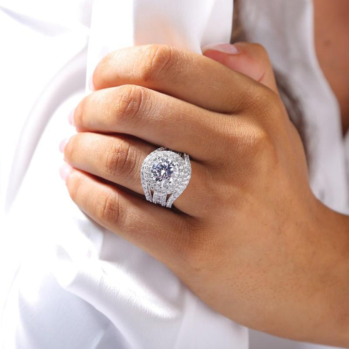 Round Cut  Halo Engagement Ring in Sterling Silver with Guard Enhancer shineofdiamond