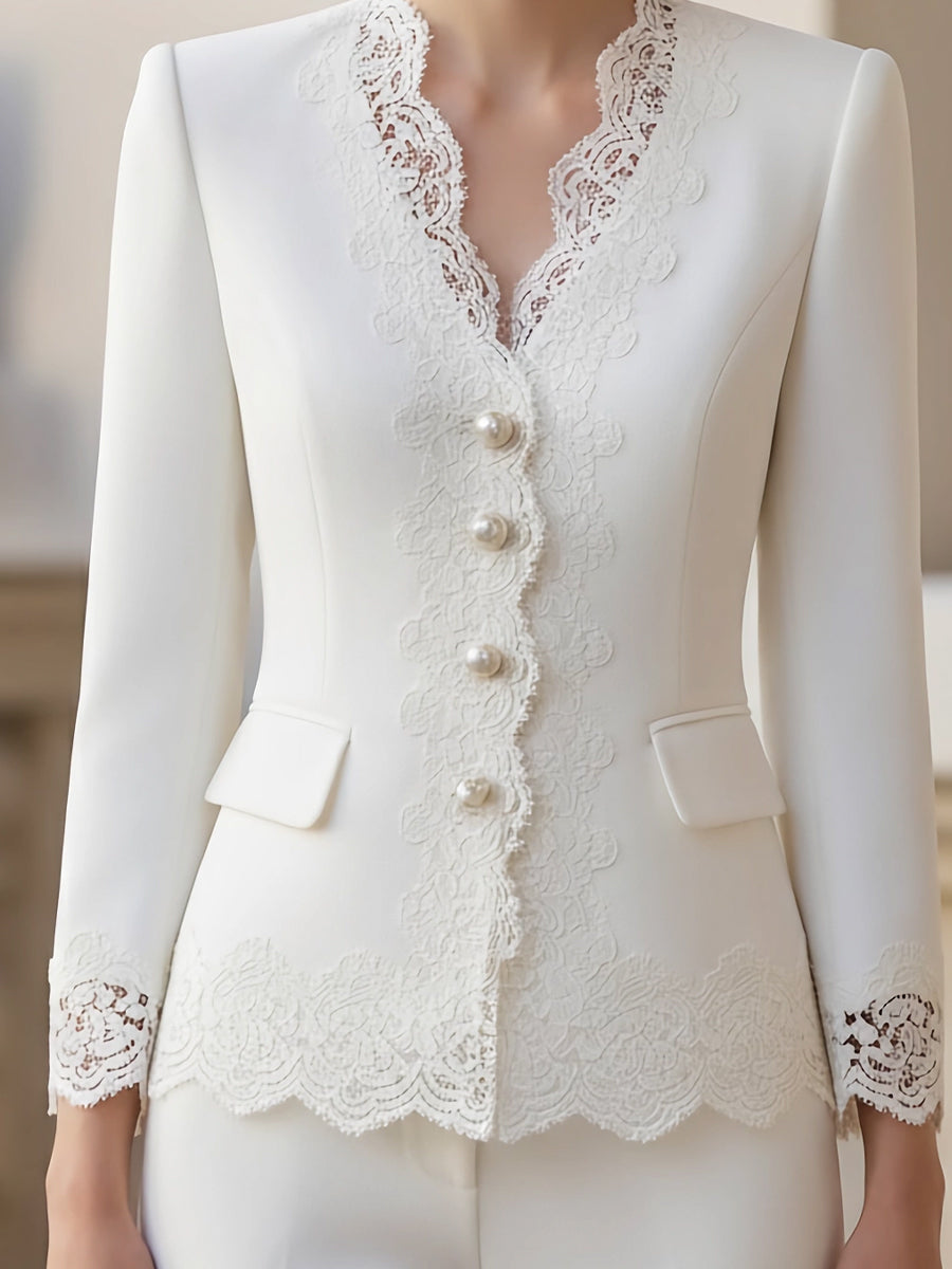 Pearl-Button Lace-Trim Women's Tailored Jacket - Blazer