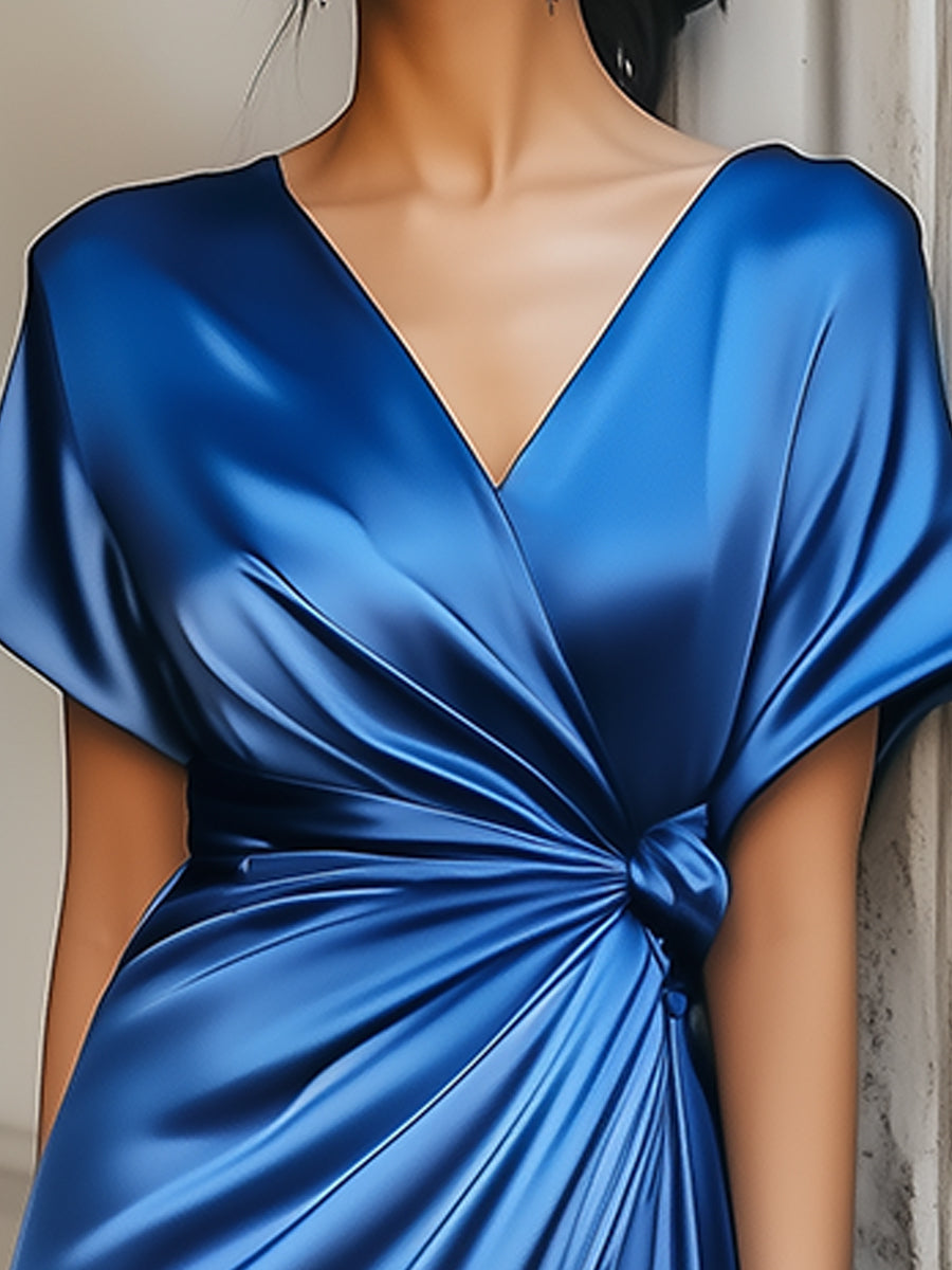 Sapphire Lace-Up Satin Evening - Midi Dress