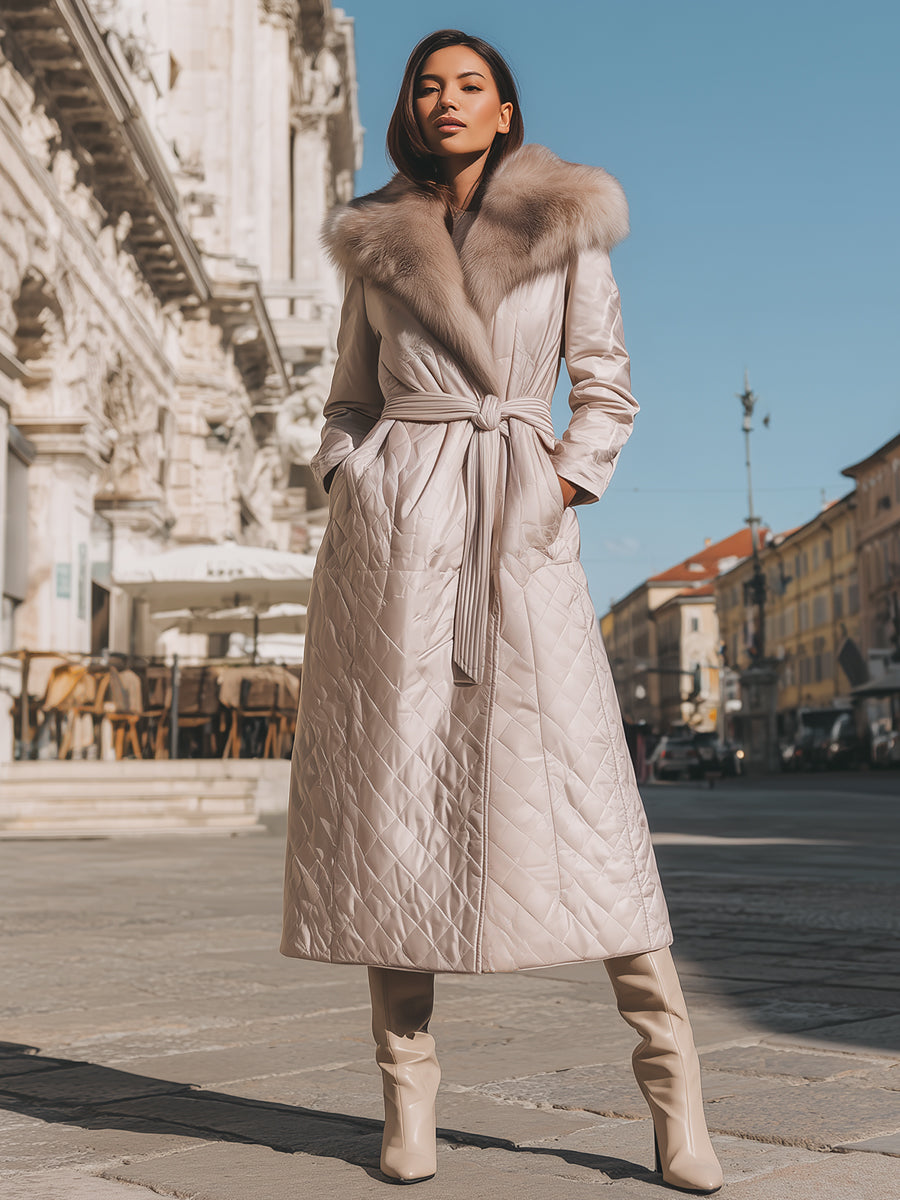 Cream Quilted Coat With Faux Fur Collar & Tie Belt - Women's Coat