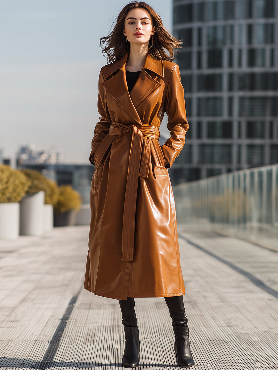 Cognac Faux Leather Belted Longline - Trench Coat